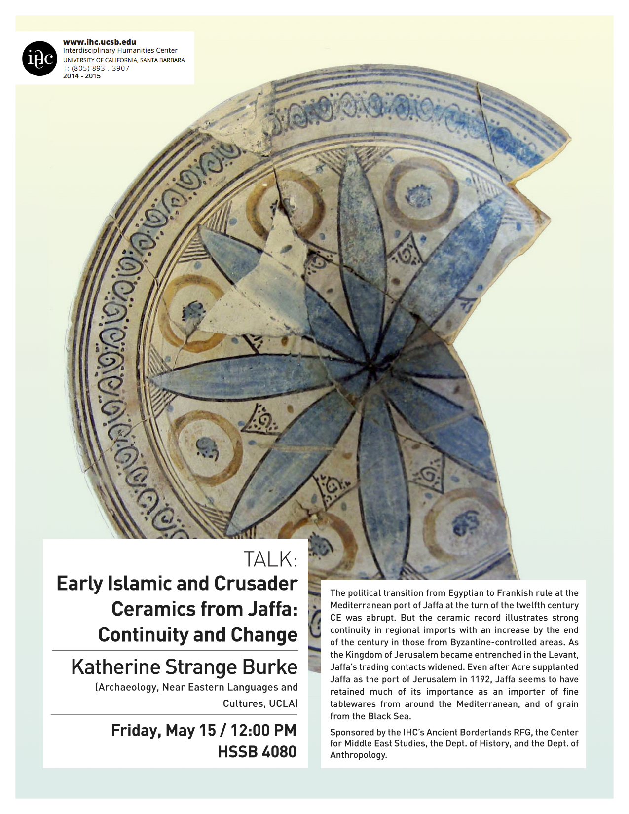 Flyer for lecture by Katherine Strange Burke titled "Early Islamic and Cruader Ceramics from Jaffa: Continuity and Change" held May 2015